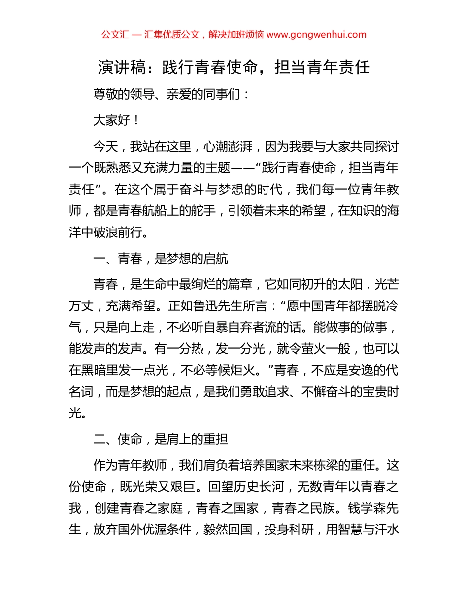 演讲稿：践行青春使命，担当青年责任_第1页