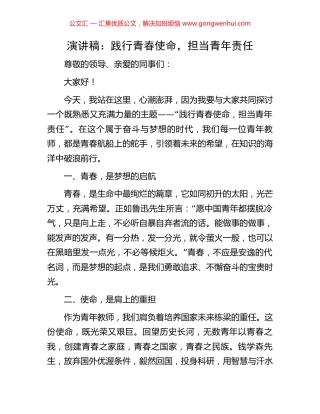 演讲稿：践行青春使命，担当青年责任