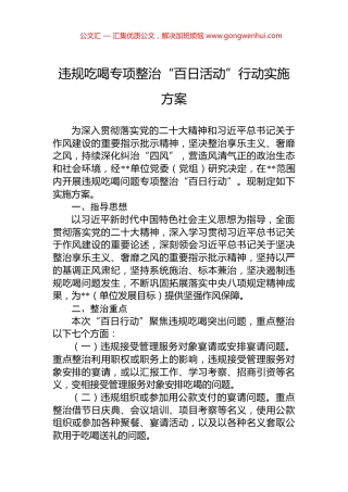 违规吃喝专项整治“百日活动”行动实施方案