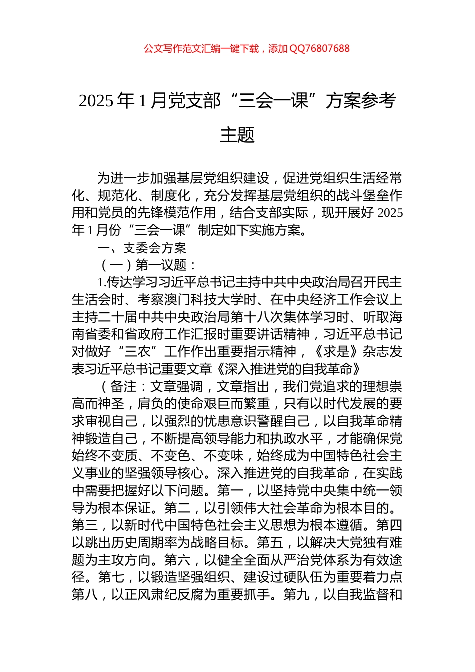 2025年1月党支部“三会一课”方案参考主题_第1页