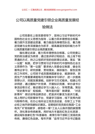 公司以高质量党建引领企业高质量发展经验做法