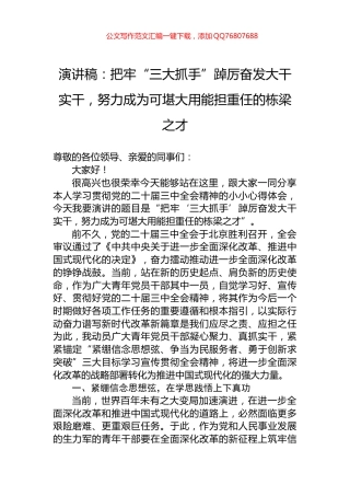 演讲稿：把牢“三大抓手”踔厉奋发大干实干，努力成为可堪大用能担重任的栋梁之才