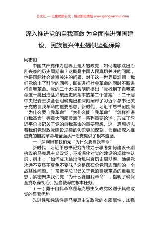 深入推进党的自我革命+为全面推进强国建设、民族复兴伟业提供坚强保障