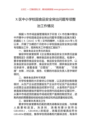 X区中小学校园食品安全突出问题专项整治工作情况