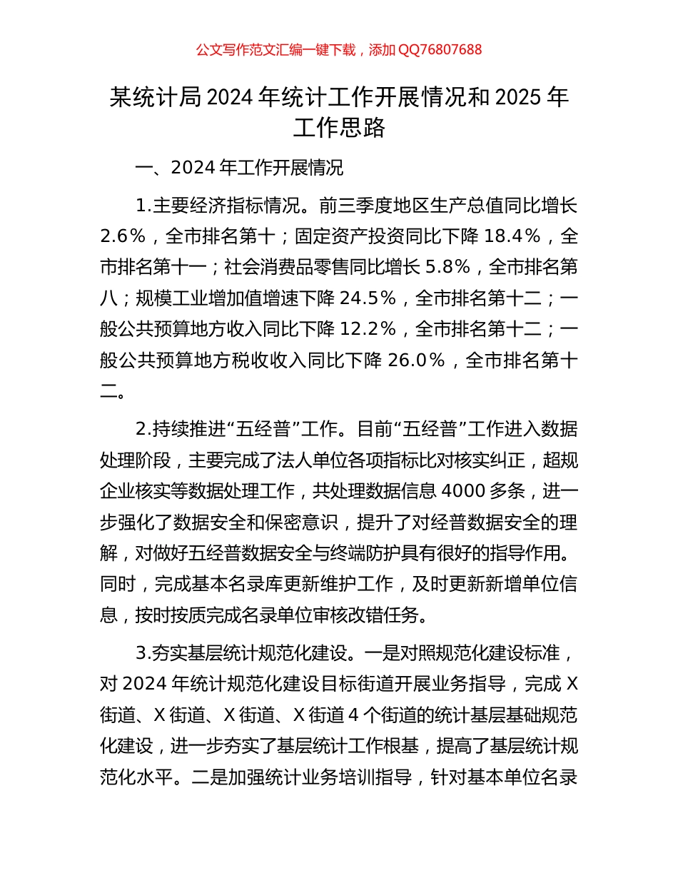 某统计局2024年统计工作开展情况和2025年工作思路_第1页