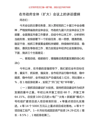 在市政府全体（扩大）会议上的讲话提纲