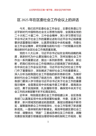 区2025年在区委社会工作会议上的讲话