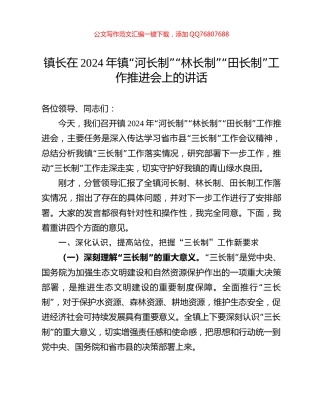 镇长在2024年镇“河长制”“林长制”“田长制”工作推进会上的讲话