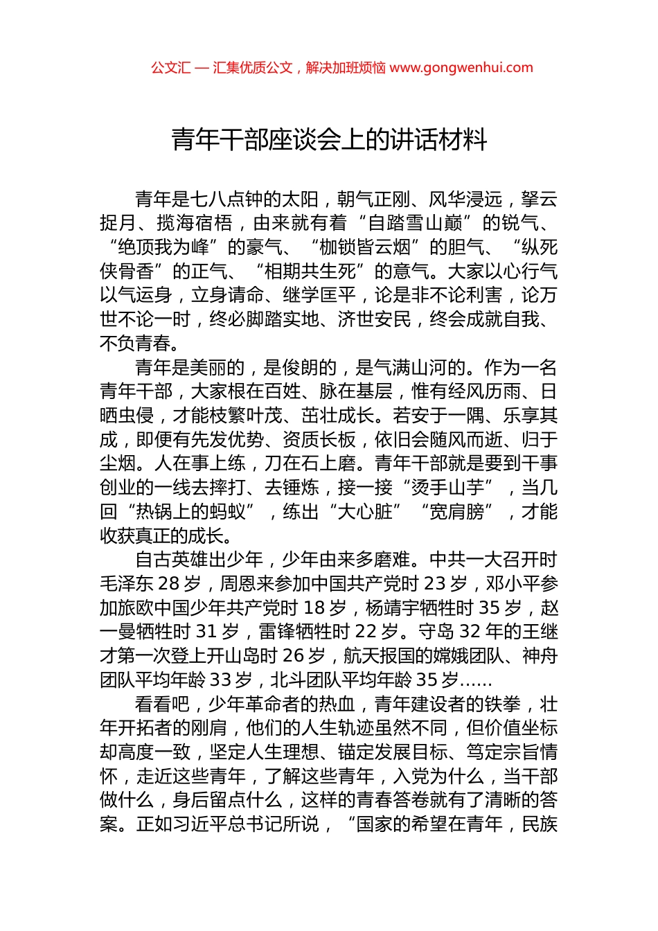 青年干部座谈会上的讲话材料_第1页