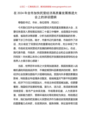 在2024年全市加快民营经济高质量发展推进大会上的讲话提纲