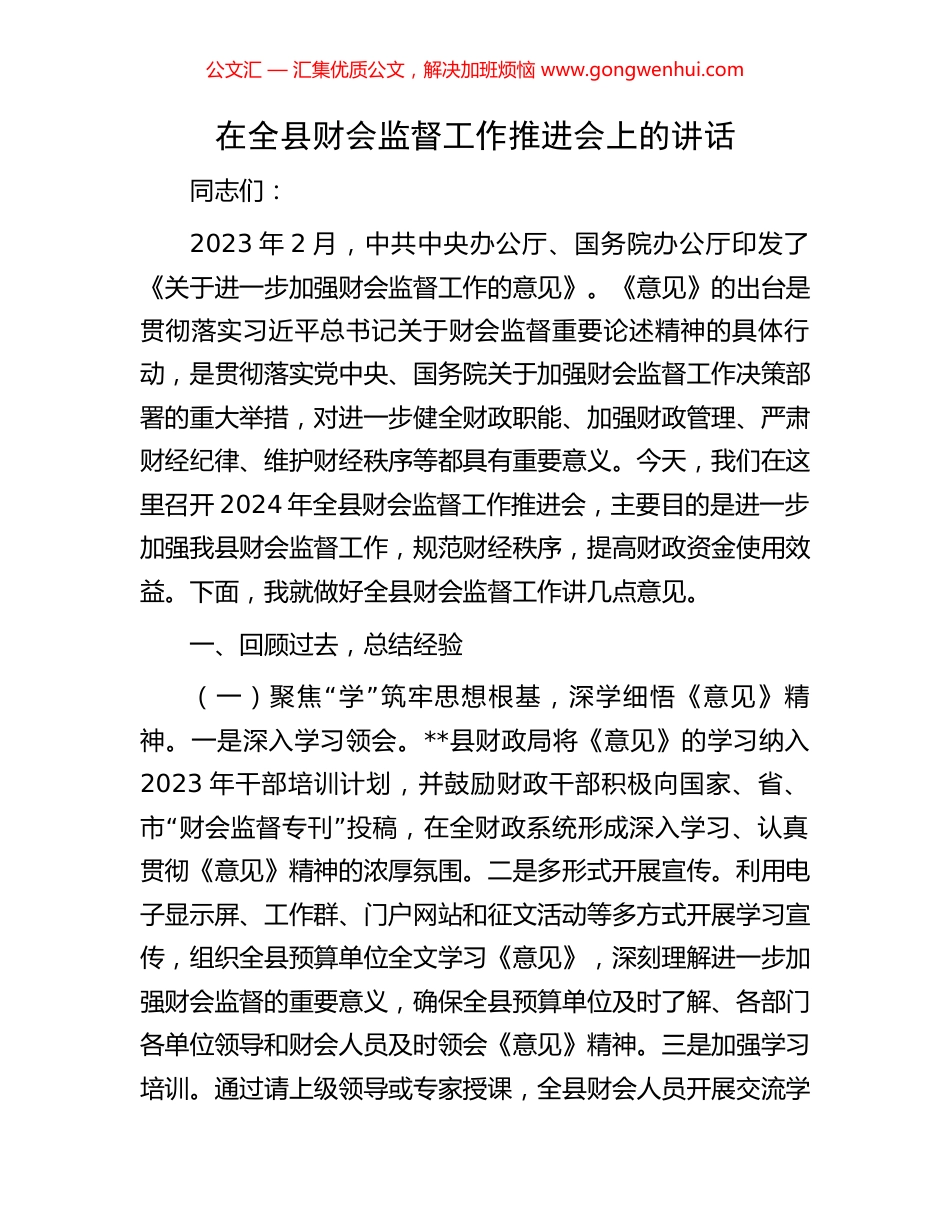 在全县财会监督工作推进会上的讲话_第1页