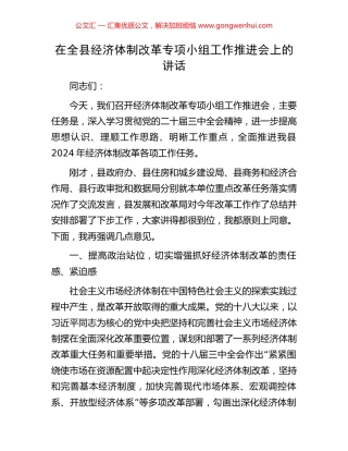 在全县经济体制改革专项小组工作推进会上的讲话