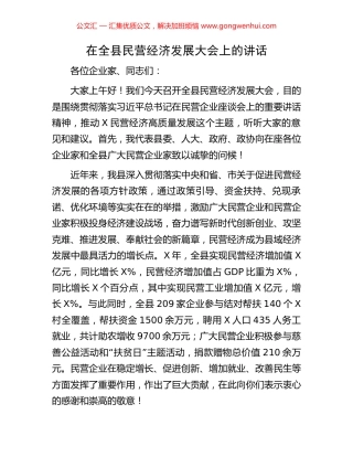 在全县民营经济发展大会上的讲话