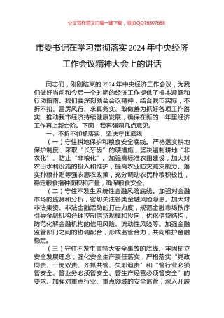 市委书记在学习贯彻落实2024年中央经济工作会议精神大会上的讲话