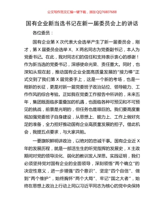 国有企业新当选书记在新一届委员会上的讲话