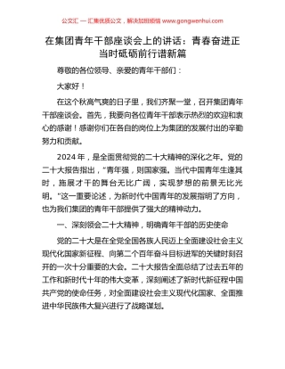 在集团青年干部座谈会上的讲话：青春奋进正当时砥砺前行谱新篇
