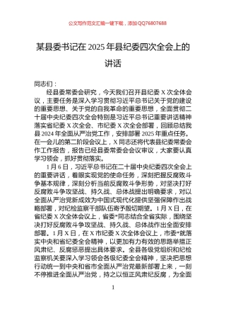 某县委书记在2025年县纪委四次全会上的讲话