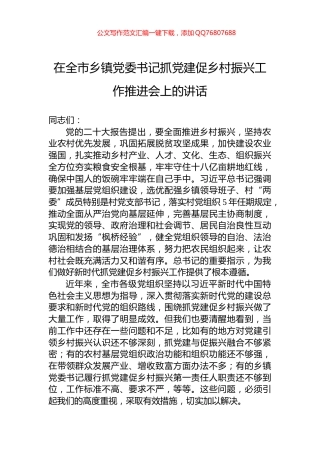 在全市乡镇党委书记抓党建促乡村振兴工作推进会上的讲话