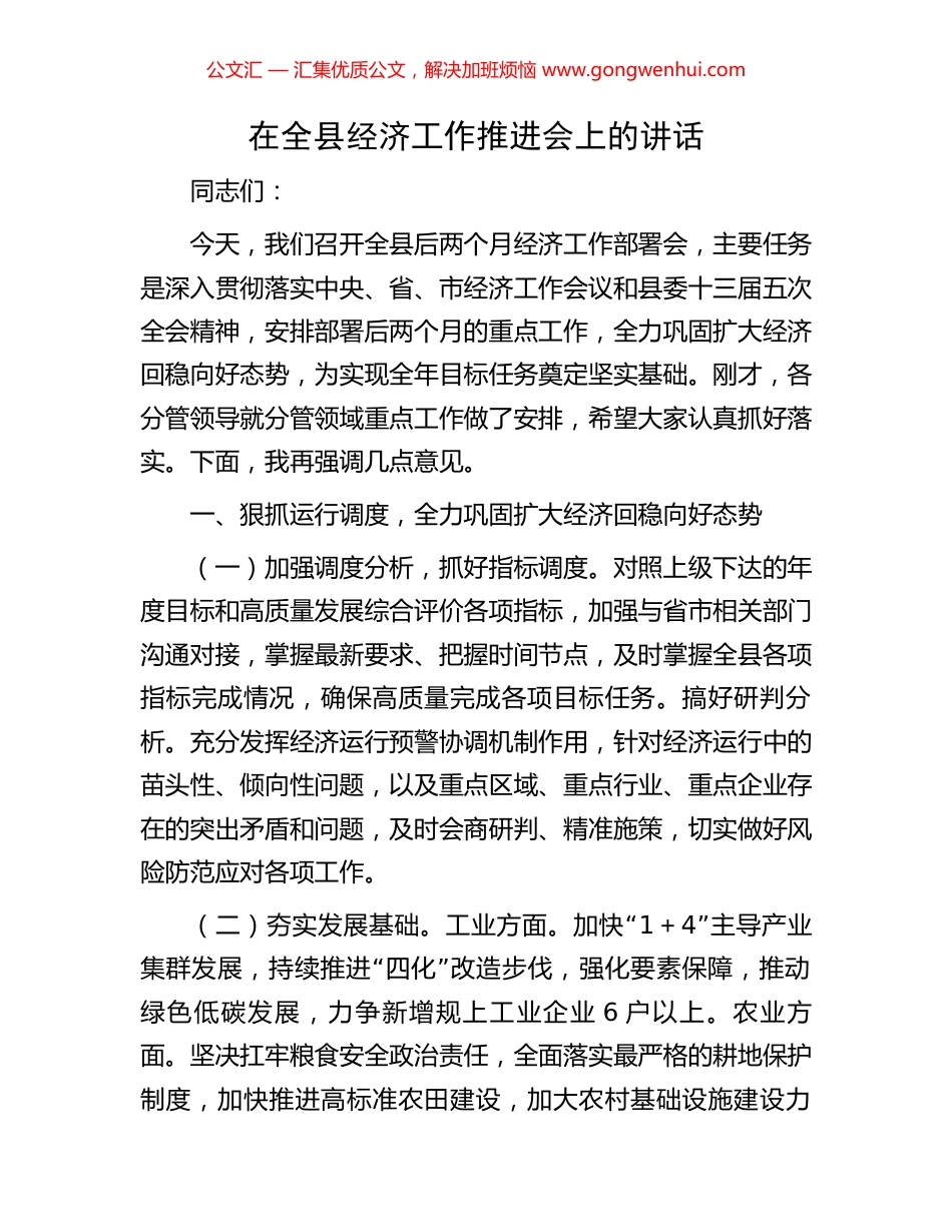 在全县经济工作推进会上的讲话_第1页