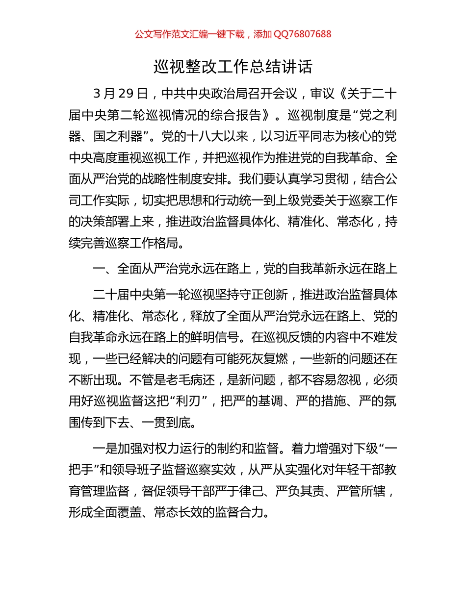 巡视整改工作总结讲话_第1页