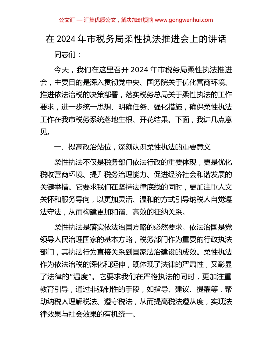 在2024年市税务局柔性执法推进会上的讲话_第1页
