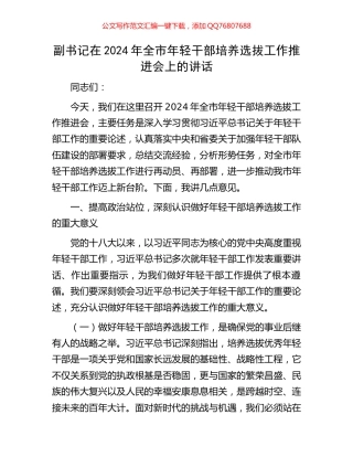 副书记在2024年全市年轻干部培养选拔工作推进会上的讲话