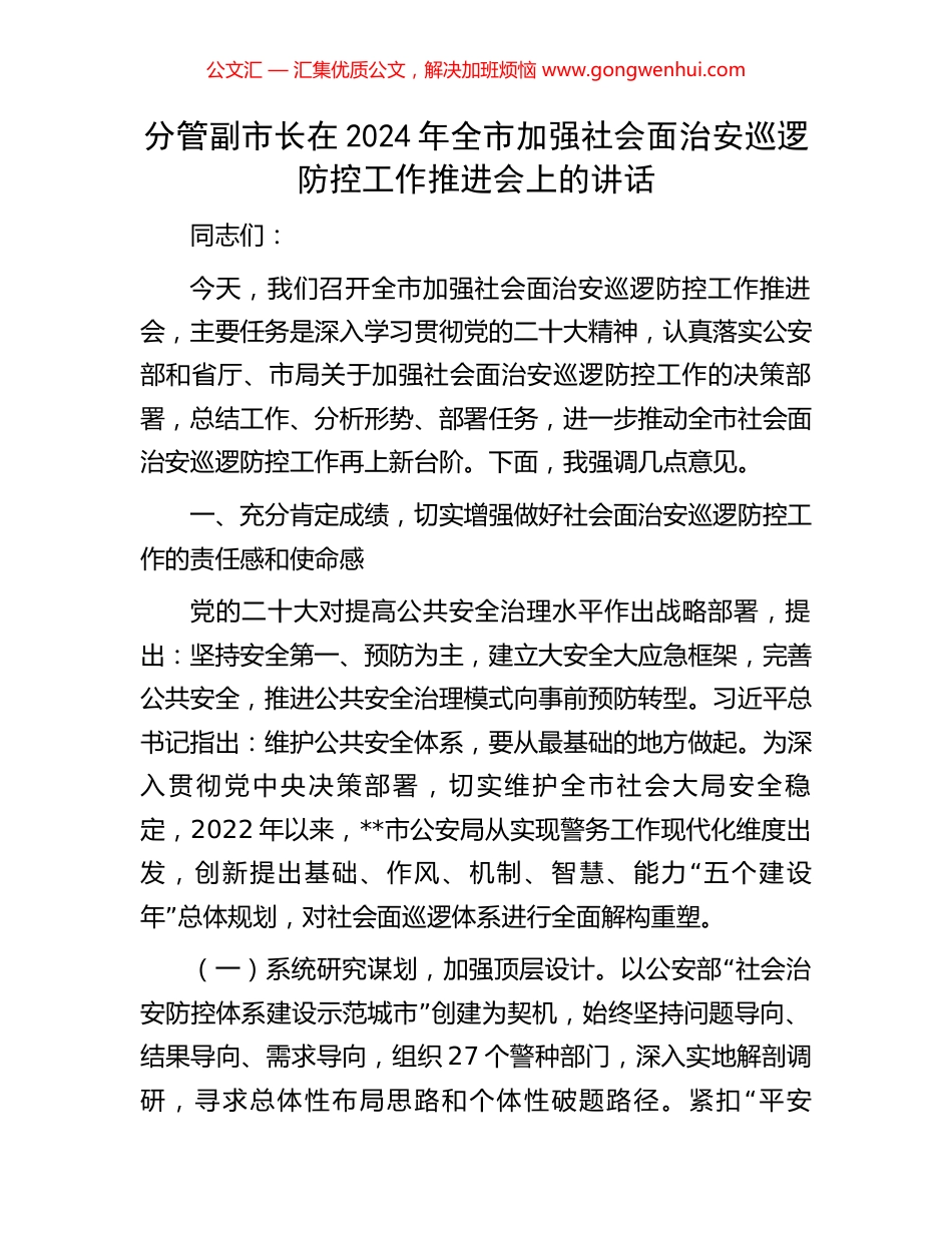 分管副市长在2024年全市加强社会面治安巡逻防控工作推进会上的讲话_第1页
