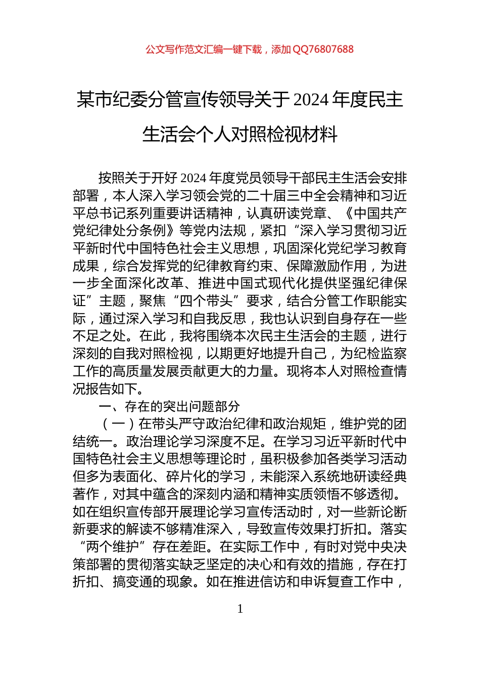 某市纪委分管宣传领导关于2024年度民主生活会个人对照检视材料_第1页