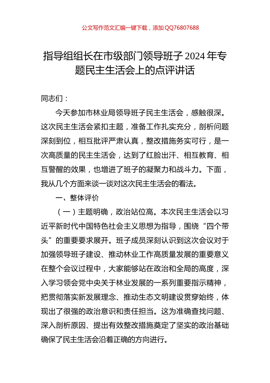 指导组组长在市级部门领导班子2024年专题民主生活会上的点评讲话_第1页