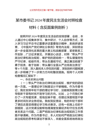 某市委书记2024年度民主生活会对照检查材料（含反面案例剖析）