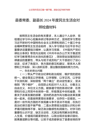 县委常委、副县长2024年度民主生活会对照检查材料