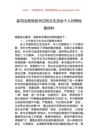 县司法局党组书记民主生活会个人对照检查材料