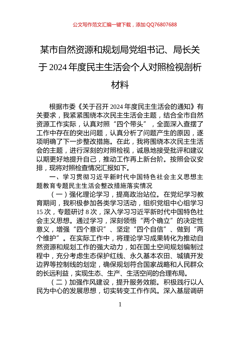 某市自然资源和规划局党组书记、局长关于2024年度民主生活会个人对照检视剖析材料_第1页