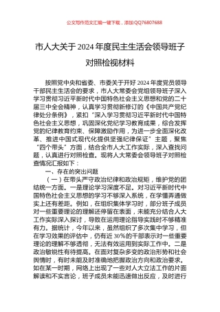 市人大关于2024年度民主生活会领导班子对照检视材料