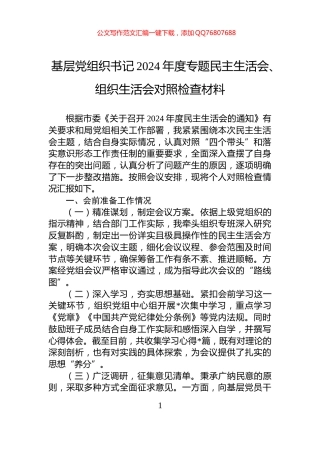 基层党组织书记2024年度专题民主生活会、组织生活会对照检查材料