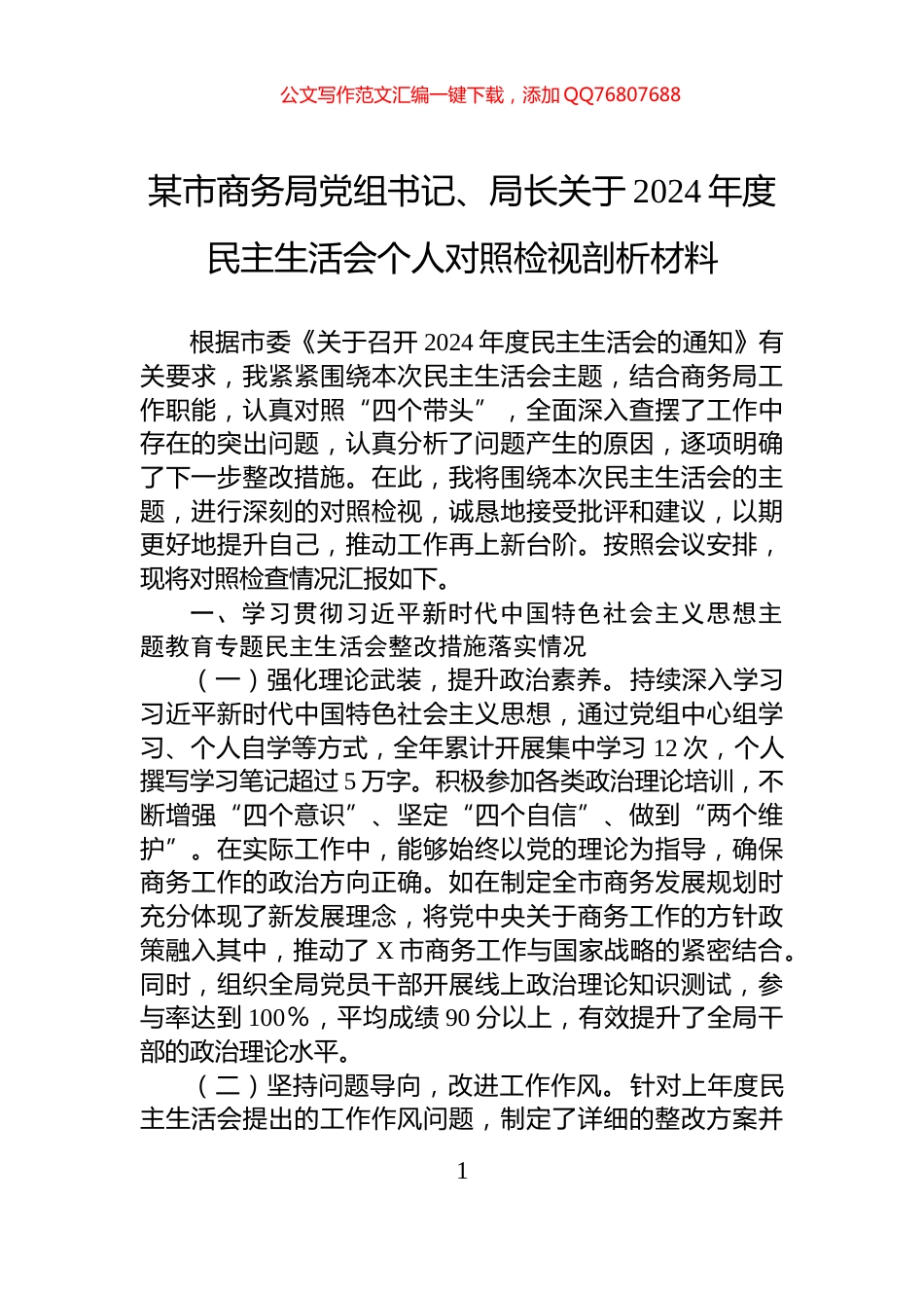某市商务局党组书记、局长关于2024年度民主生活会个人对照检视剖析材料_第1页