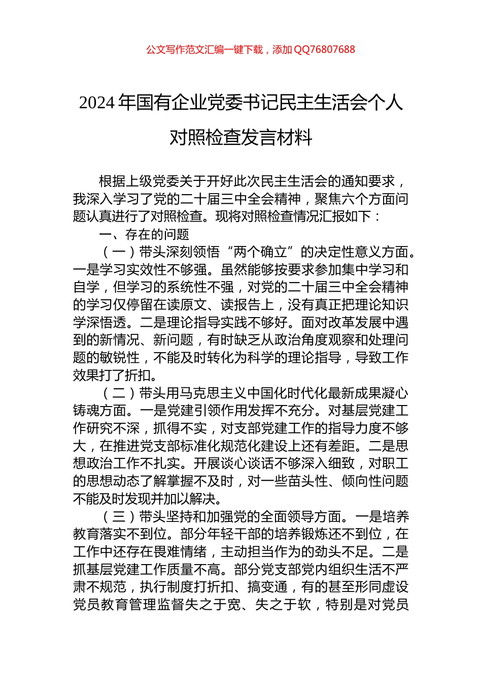 2024年国有企业党委书记民主生活会个人对照检查发言材料_第1页