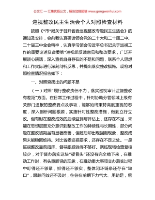 巡视整改民主生活会个人对照检查材料
