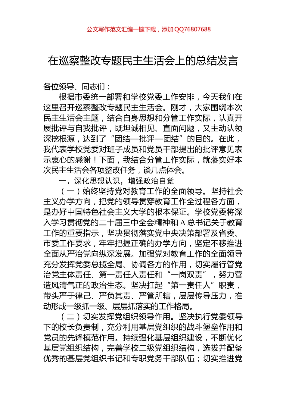 2024年在巡察整改专题民主生活会上的总结发言_第1页