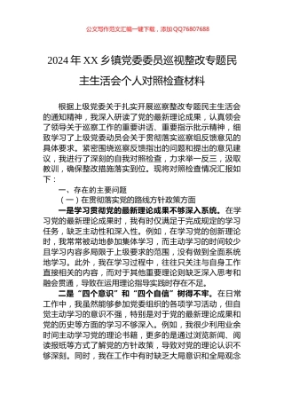 2024年XX乡镇党委委员巡视整改专题民主生活会个人对照检查材料