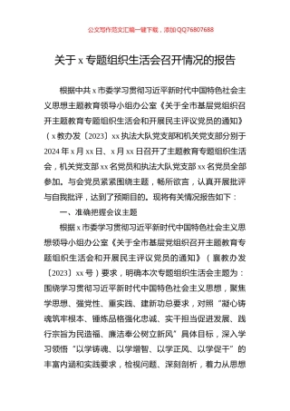 关于x专题组织生活会召开情况的报告