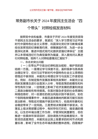 常务副市长关于2024年度民主生活会“四个带头”对照检视发言材料