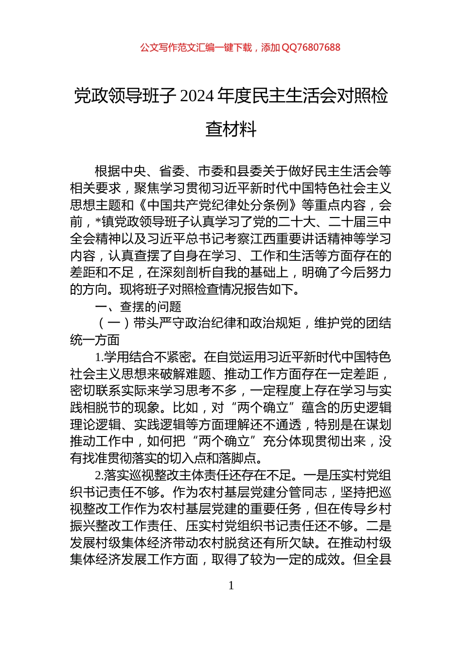党政领导班子2024年度民主生活会对照检查材料_第1页