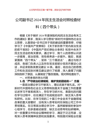 公司副书记2024年民主生活会对照检查材料（四个带头）