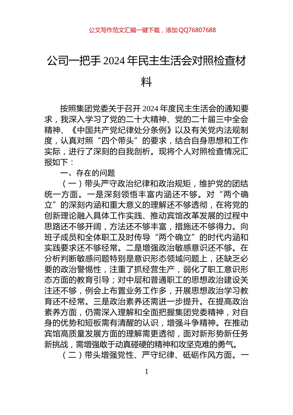 公司一把手2024年民主生活会对照检查材料_第1页