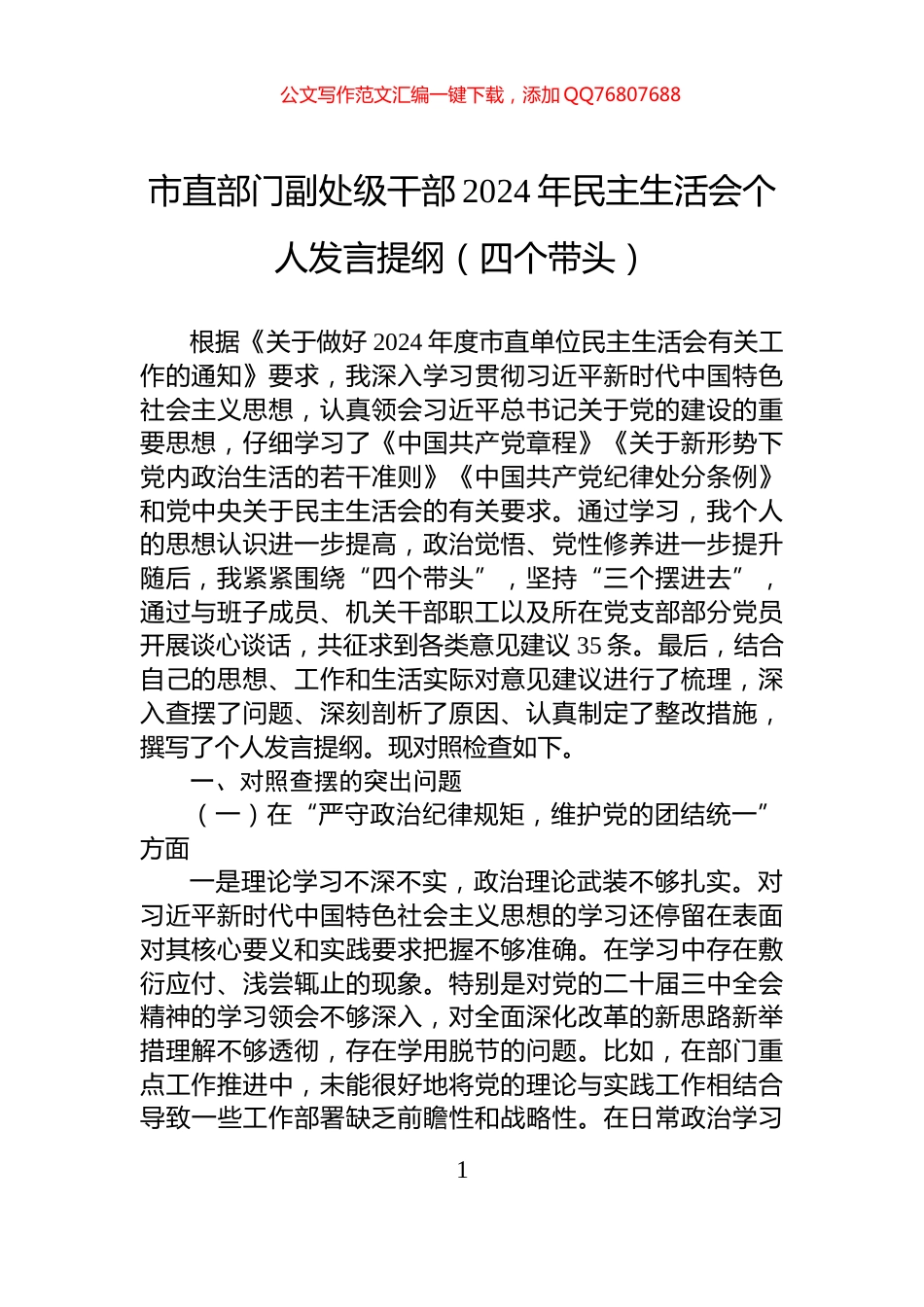 市直部门副处级干部2024年民主生活会个人发言提纲（四个带头）_第1页
