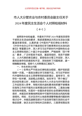 市人大分管农业与农村委员会副主任关于2024年度民主生活会个人对照检视材料（4+1）