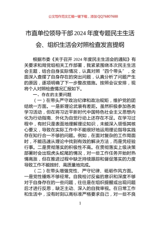 市直单位领导干部2024年度专题民主生活会、组织生活会对照检查发言提纲