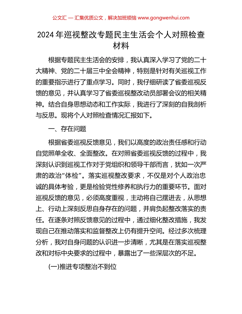2024年巡视整改专题民主生活会个人对照检查材料_第1页