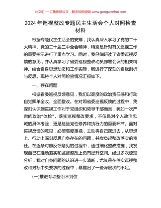 2024年巡视整改专题民主生活会个人对照检查材料